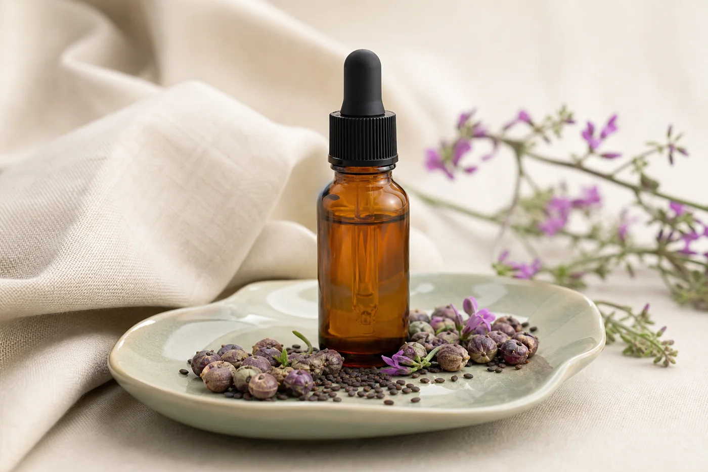 Bakuchiol oil dropper bottle with babchi seeds