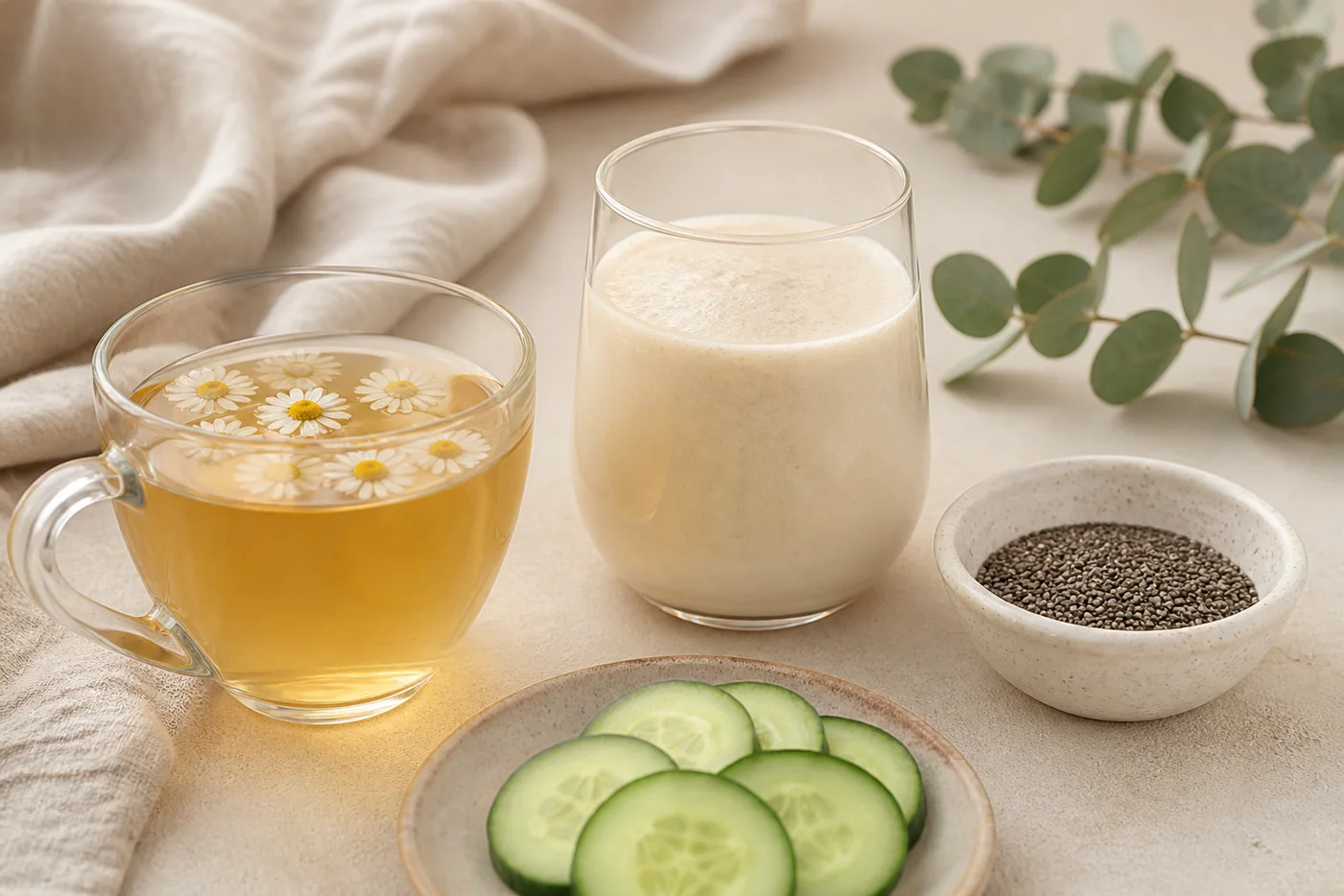 Calming evening beauty drinks with chamomile chia cucumber and collagen-style cup