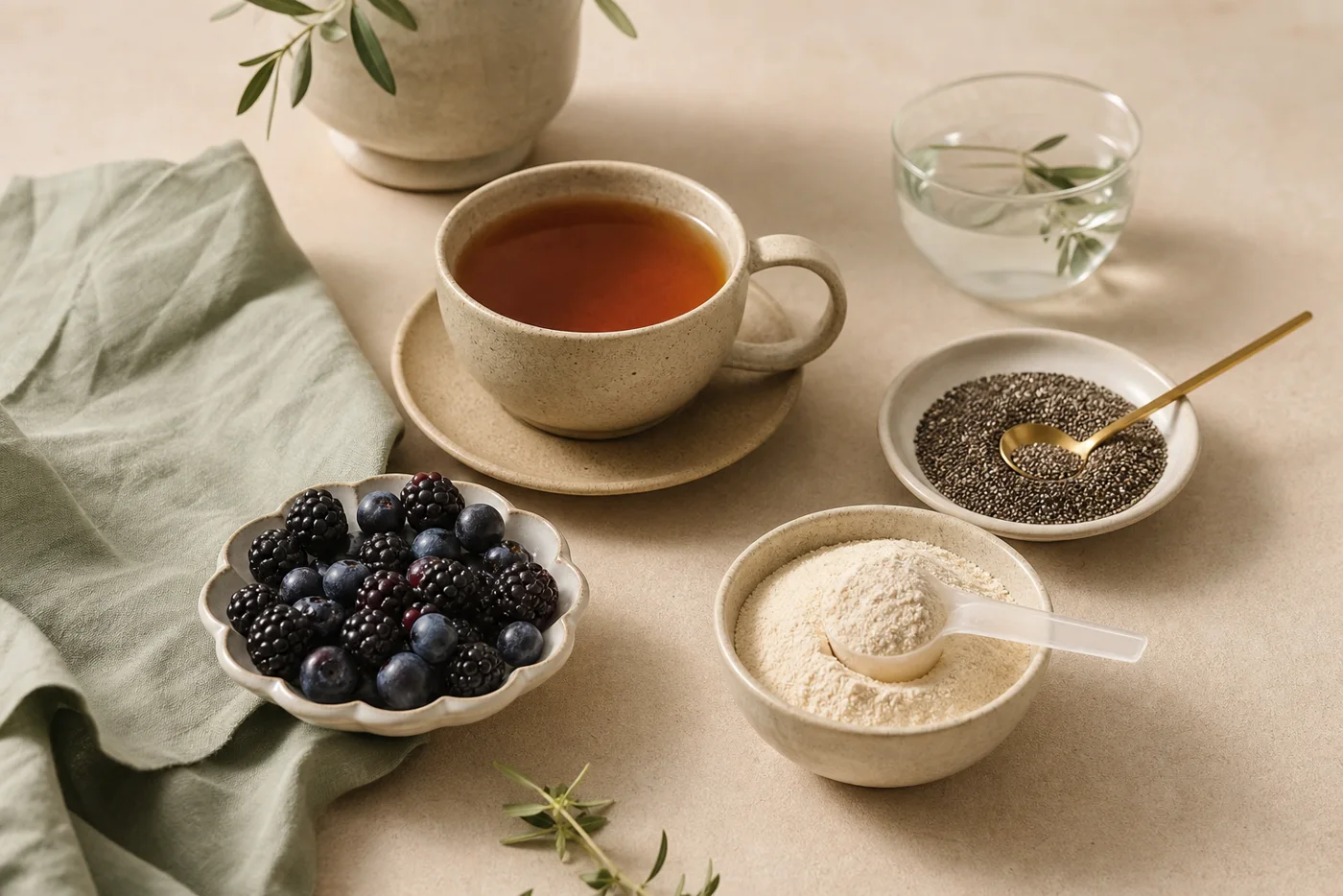 Herbal tea berries chia seeds and collagen-style powder on beige linen for evening beauty drinks