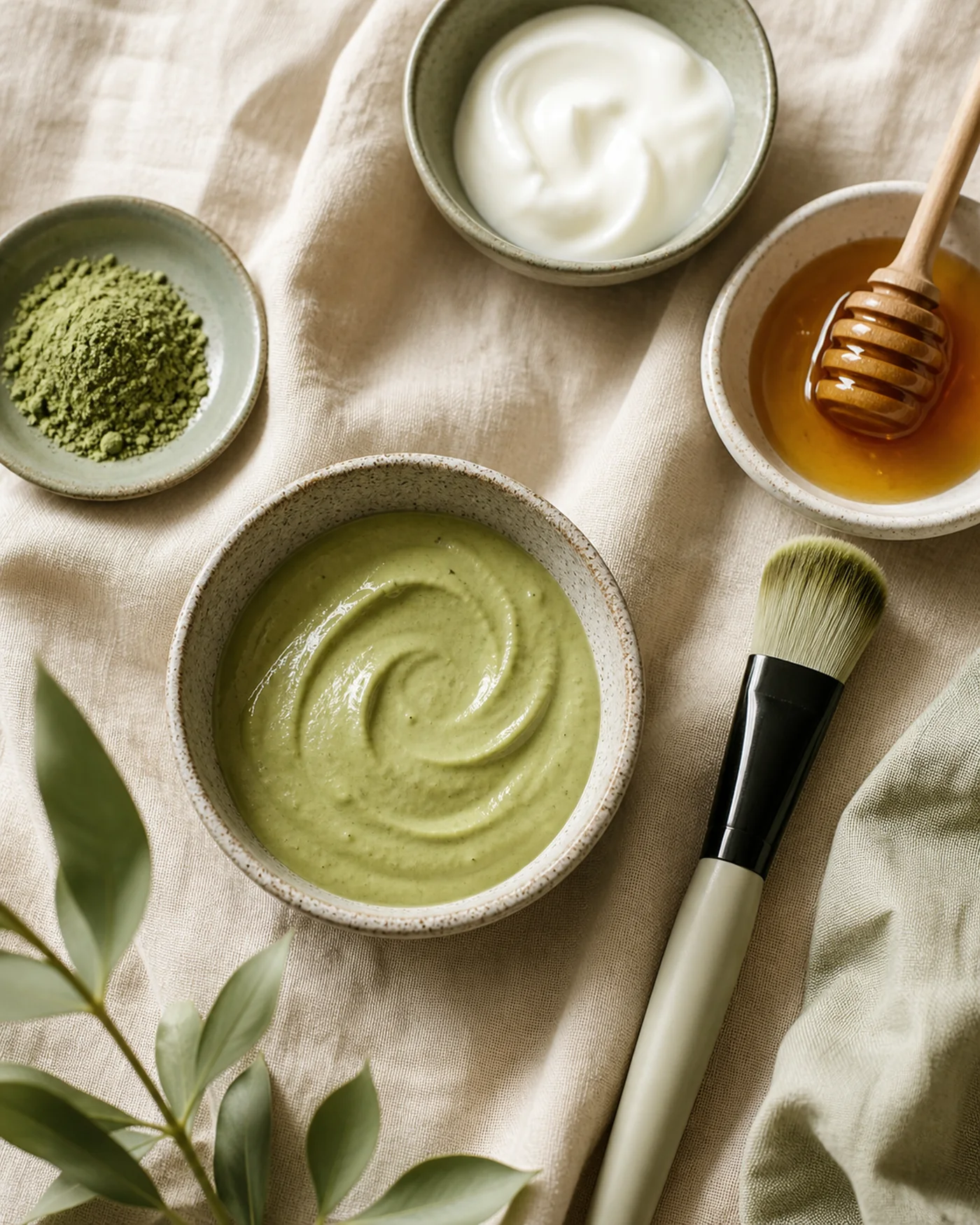 Matcha yogurt honey face mask in a ceramic bowl with a mask brush