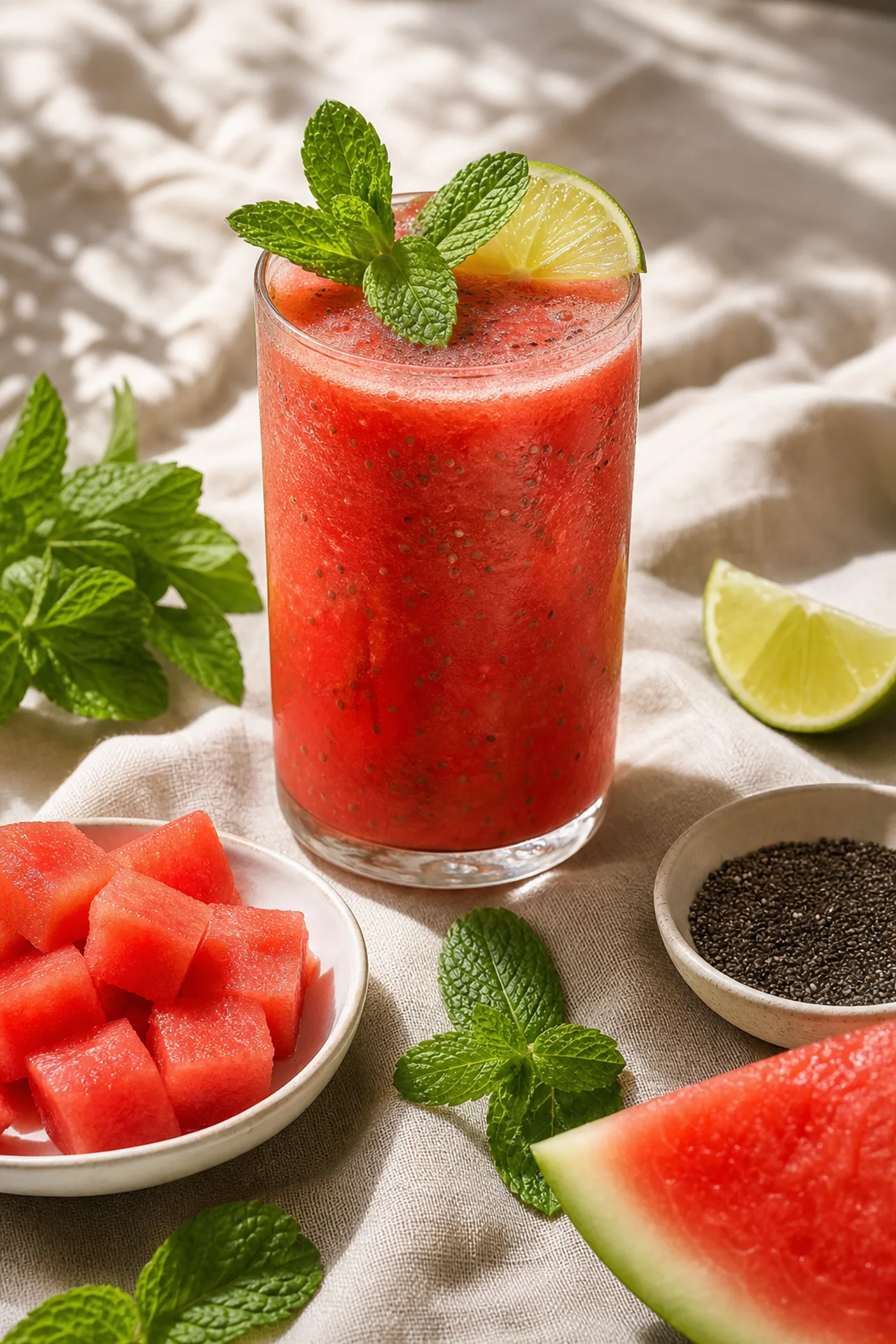 Watermelon mint lime chia smoothie in a glass on beige linen