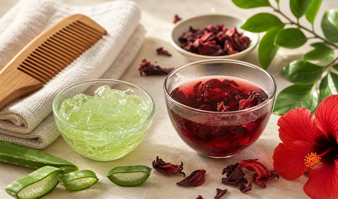 Aloe gel, hibiscus infusion and a wooden comb for a soft ends hair ritual