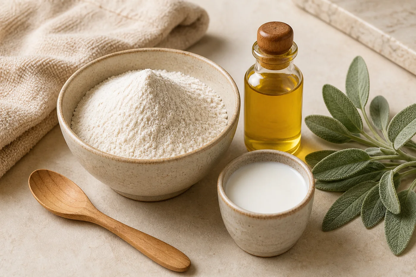 Rice powder, coconut milk and jojoba oil still life for a gentle body polish