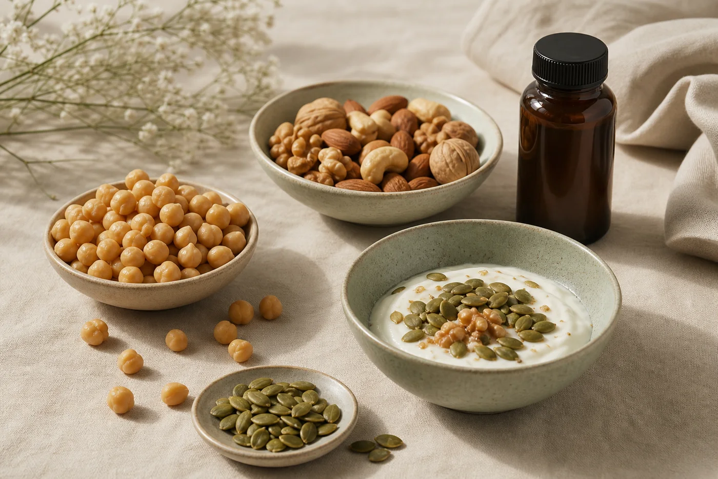 Pumpkin seeds chickpeas nuts and yogurt for a zinc beauty nutrition guide