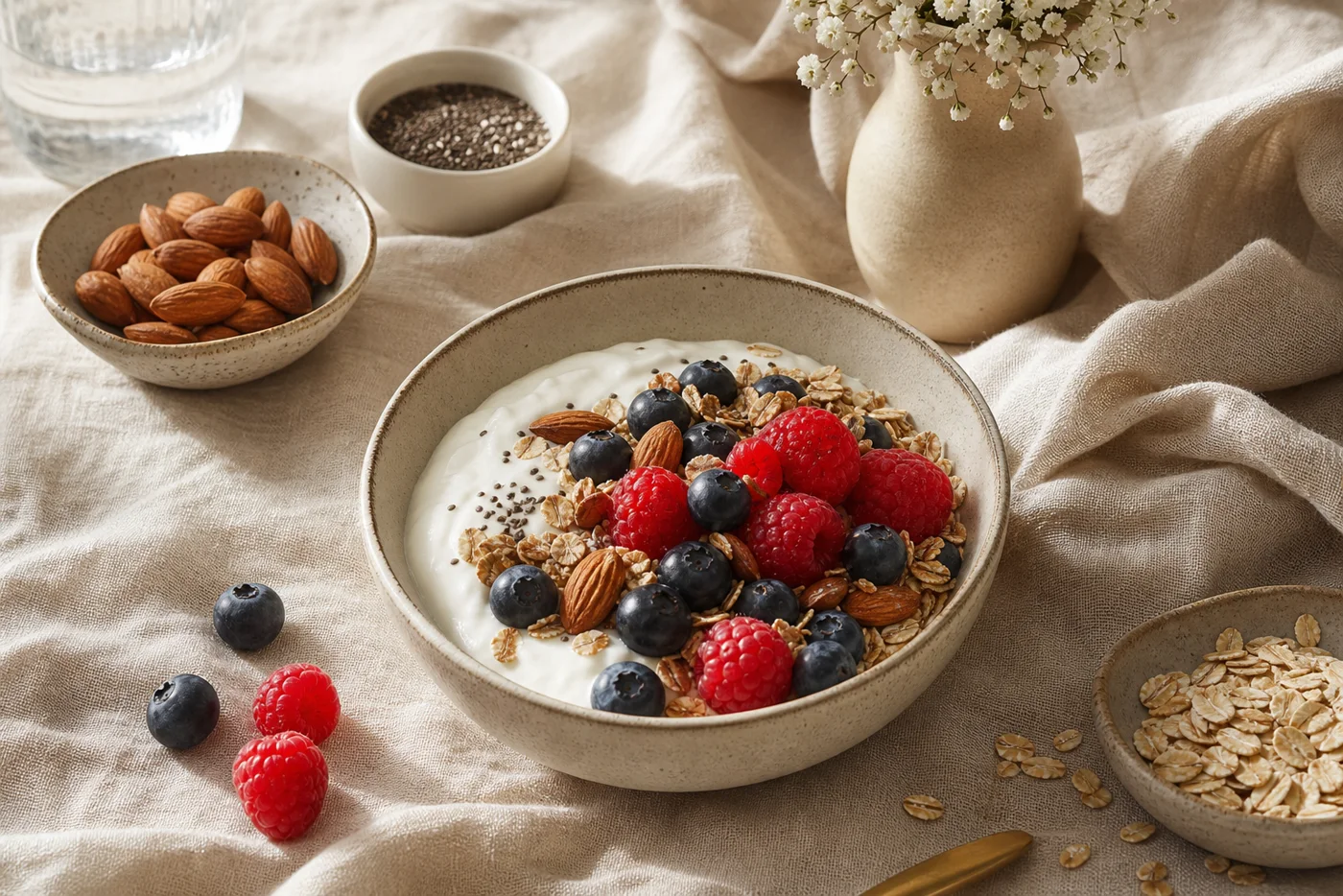 Yogurt bowl with almonds, berries, oats and seeds as a food-first beauty breakfast