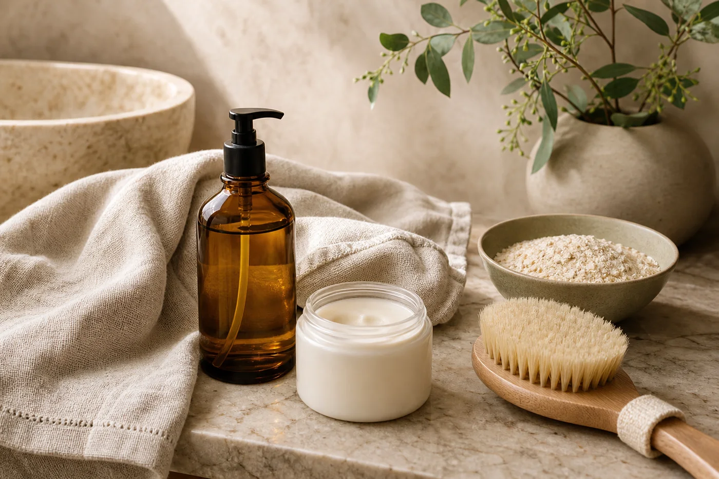 Body oil moisturizer dry brush and gentle body polish for body care after 40