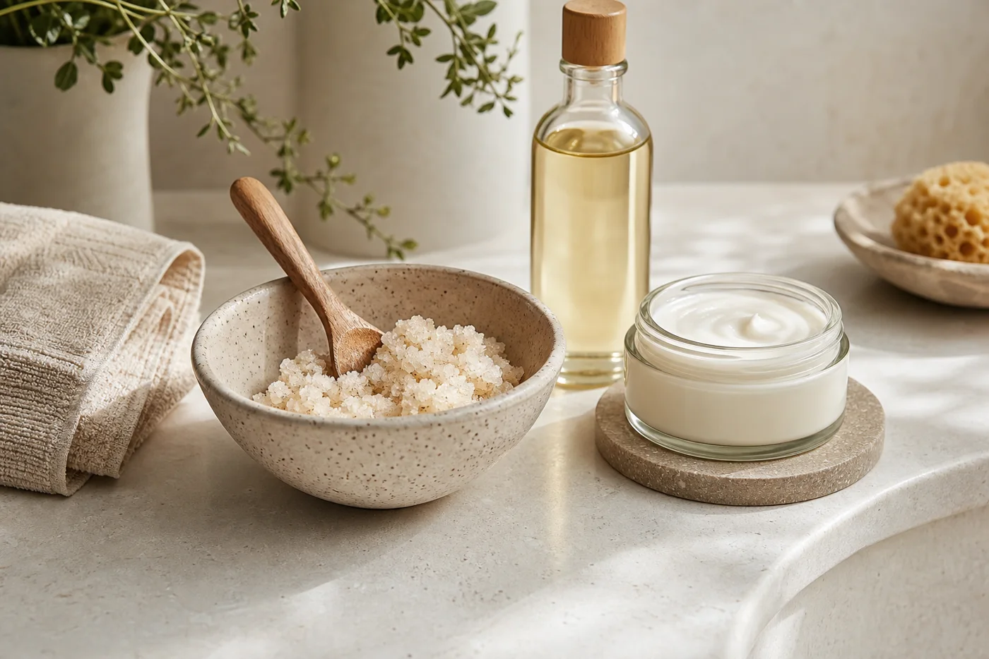 Ceramic bowl of gentle body polish with body oil and cream in soft spa light