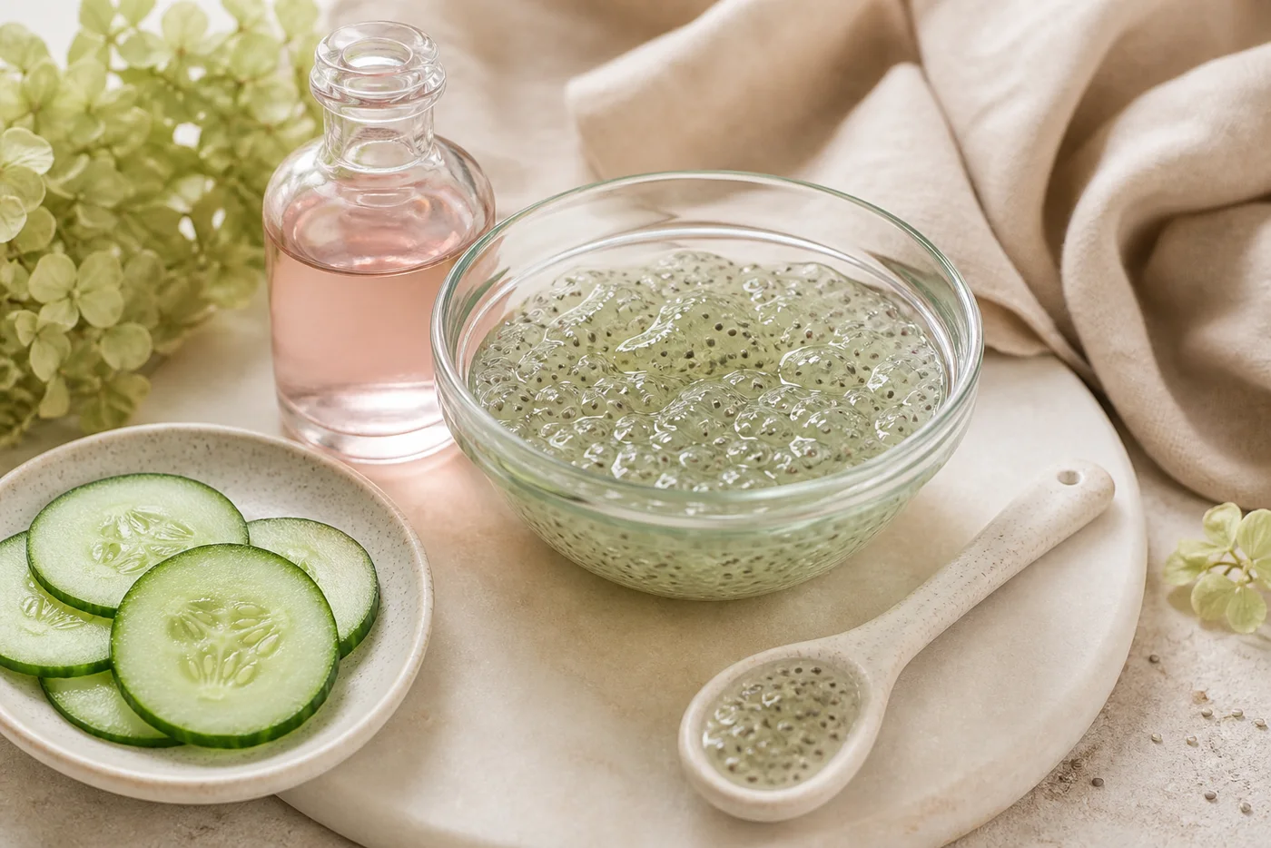 Translucent cucumber rosewater chia gel mask with cucumber slices and an unlabelled rosewater bottle