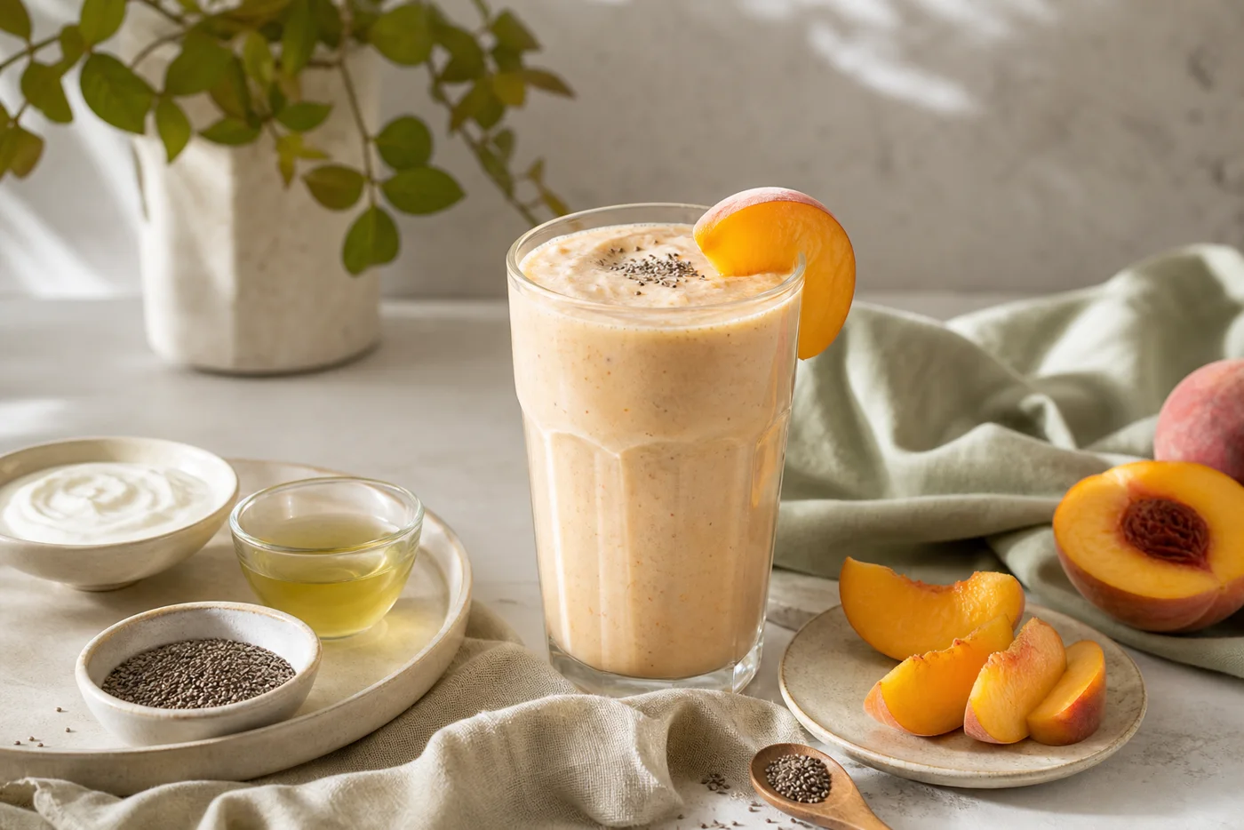 Creamy peach green tea yogurt smoothie with sliced peaches chia seeds and cooled green tea