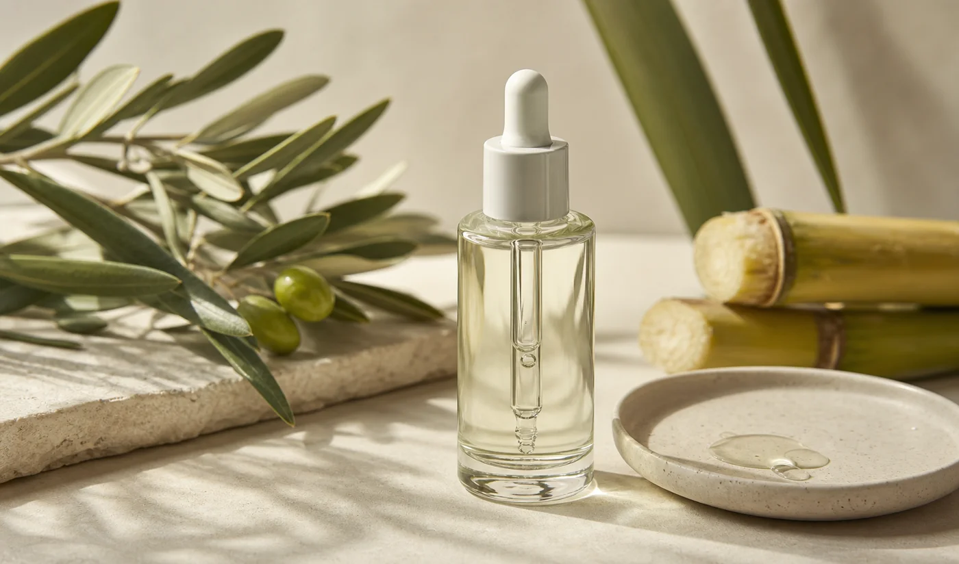 Unlabelled dropper bottle of clear squalane oil with olive and sugarcane-inspired botanicals