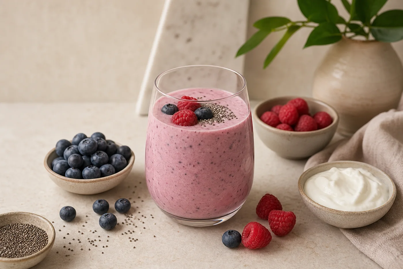 Berry yogurt chia smoothie with blueberries raspberries yogurt and chia seeds