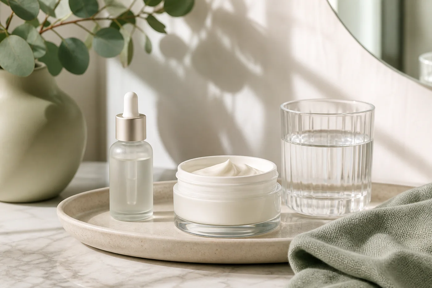 Lightweight barrier-support skincare still life with cream serum water and sage towel