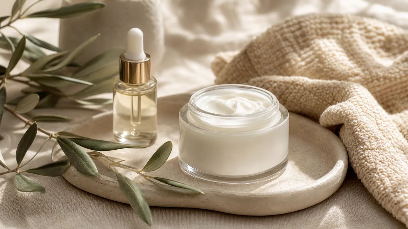 Ceramide moisturizer and serum still life for barrier support after 40