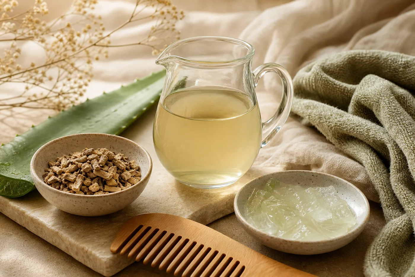 Marshmallow root aloe hair rinse with herbal infusion aloe gel and wooden comb