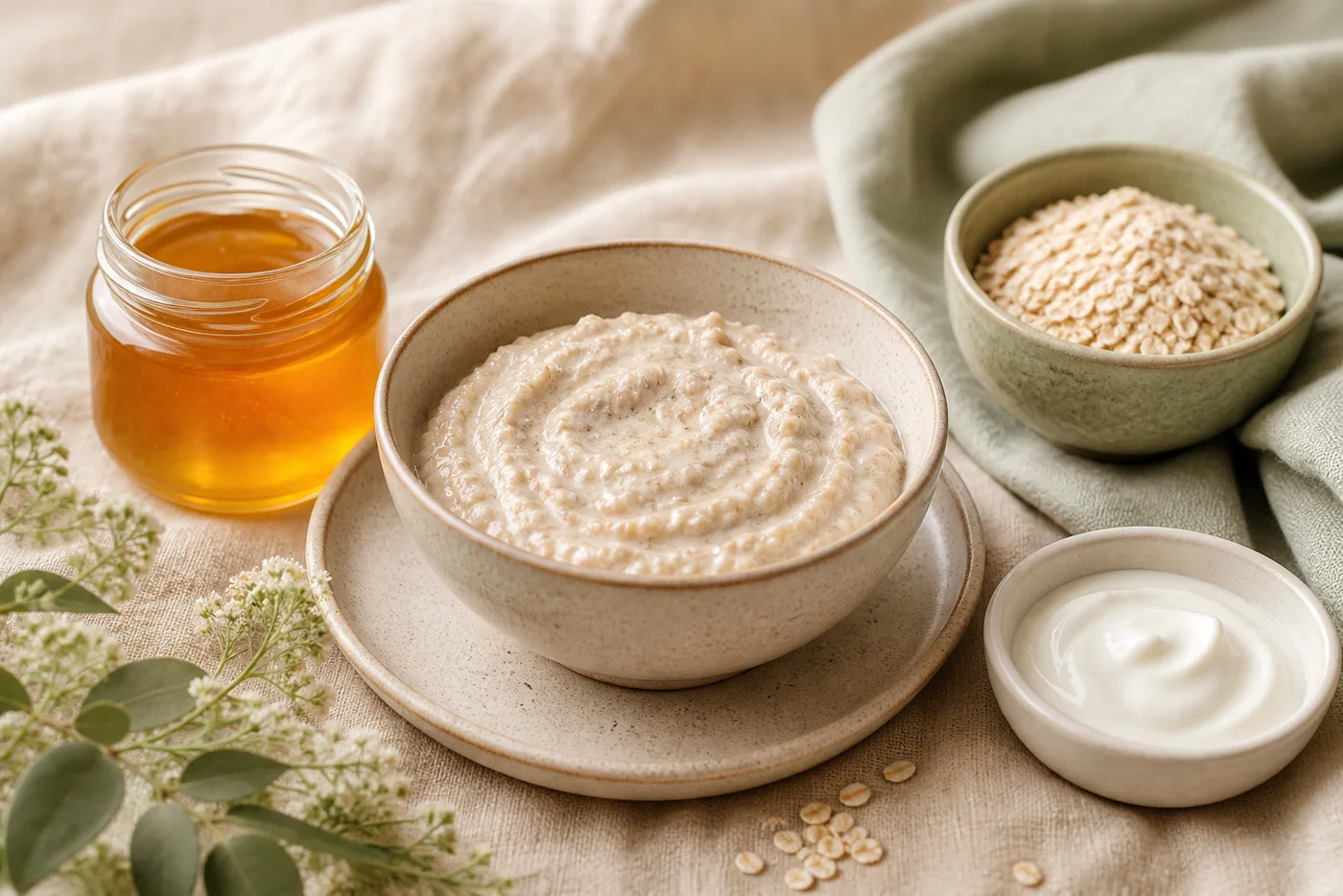 Creamy oat and honey face mask with oats and yogurt in a ceramic bowl