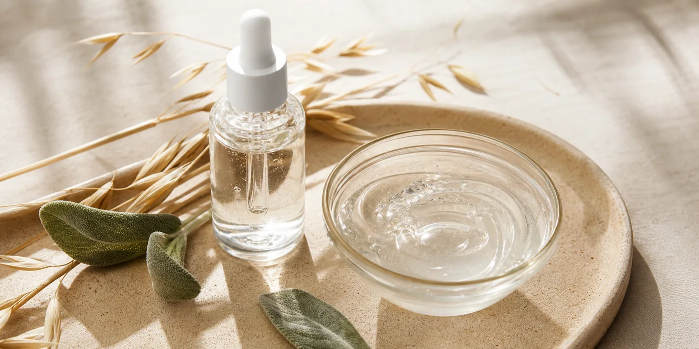 Unlabelled clear panthenol-style serum and gel bowl in soft daylight