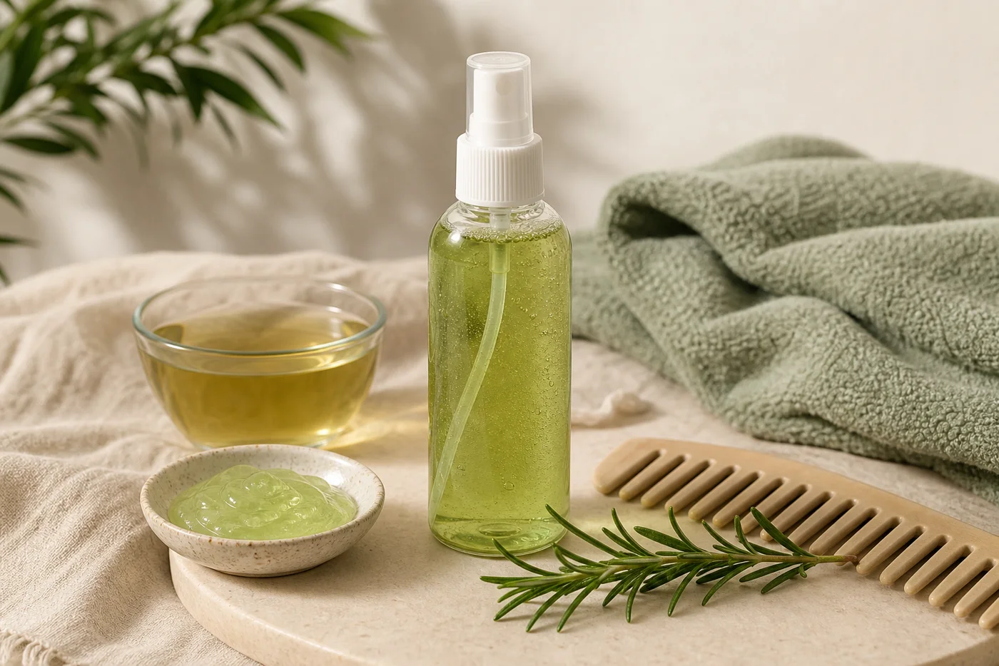 Green tea aloe scalp mist in clear spray bottle with comb and sage towel