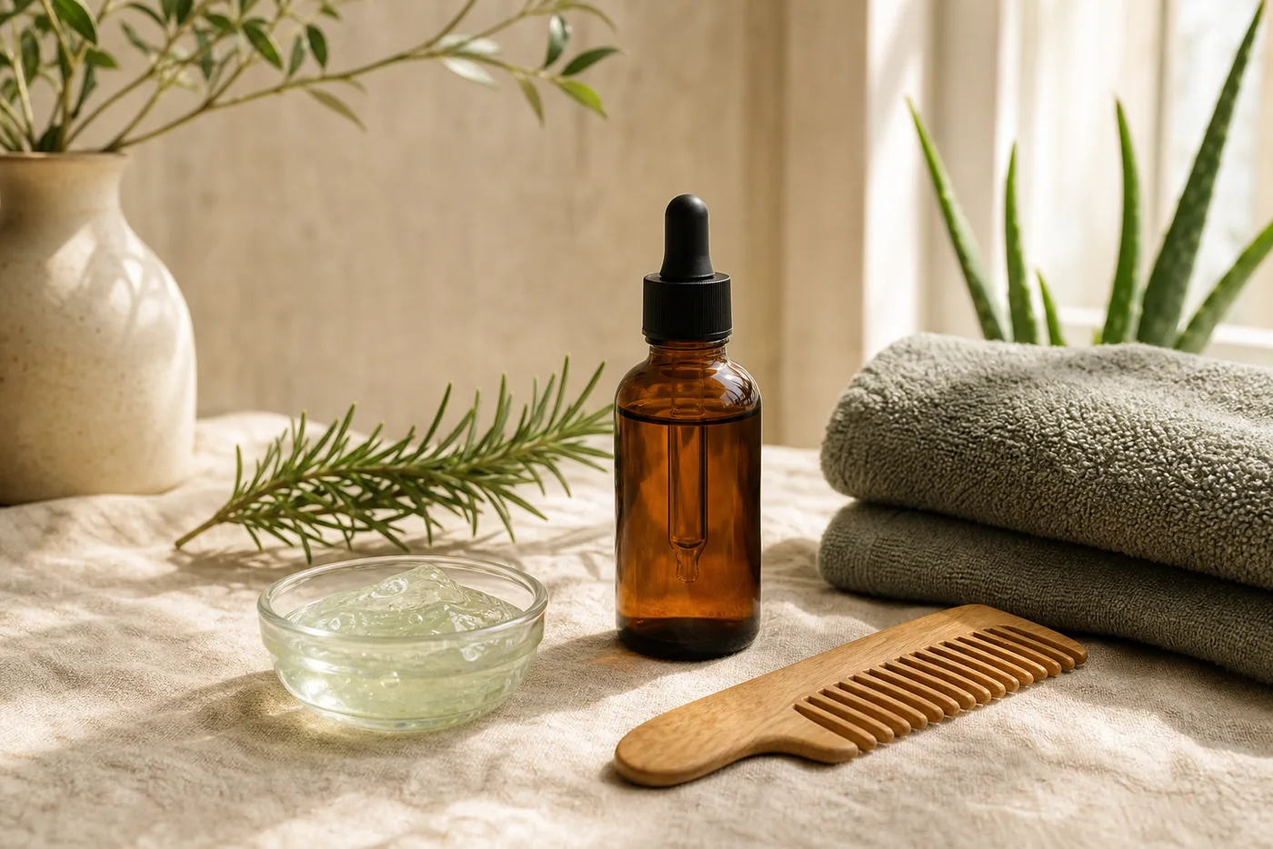 Scalp comfort hair-care still life with serum comb aloe and towel