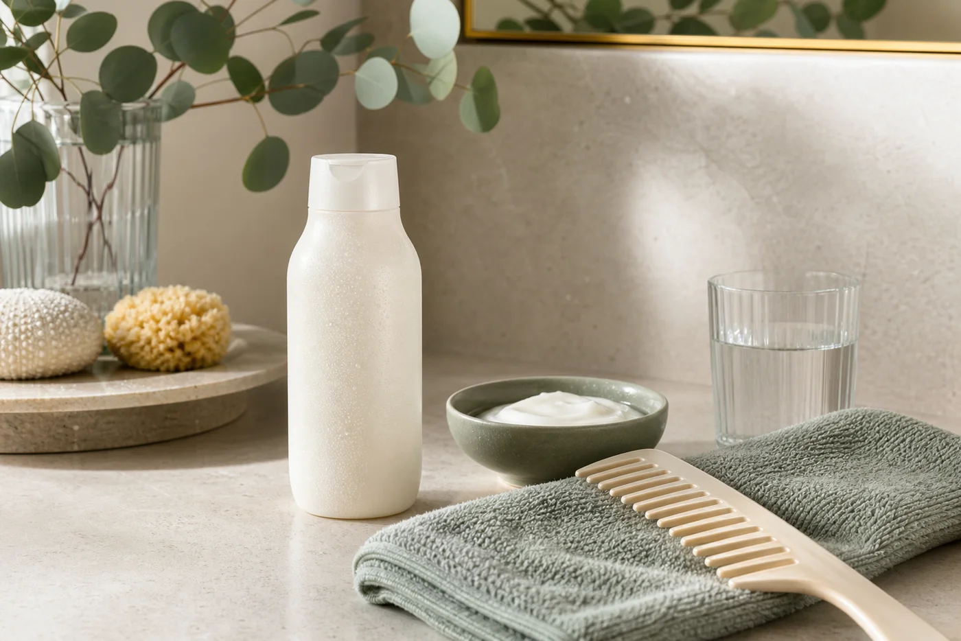 Unbranded wash day hair care still life with shampoo towel comb and water