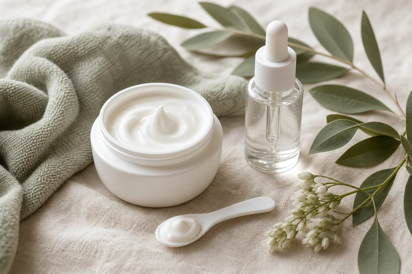 Allantoin skincare ingredient still life with cream jar and serum bottle