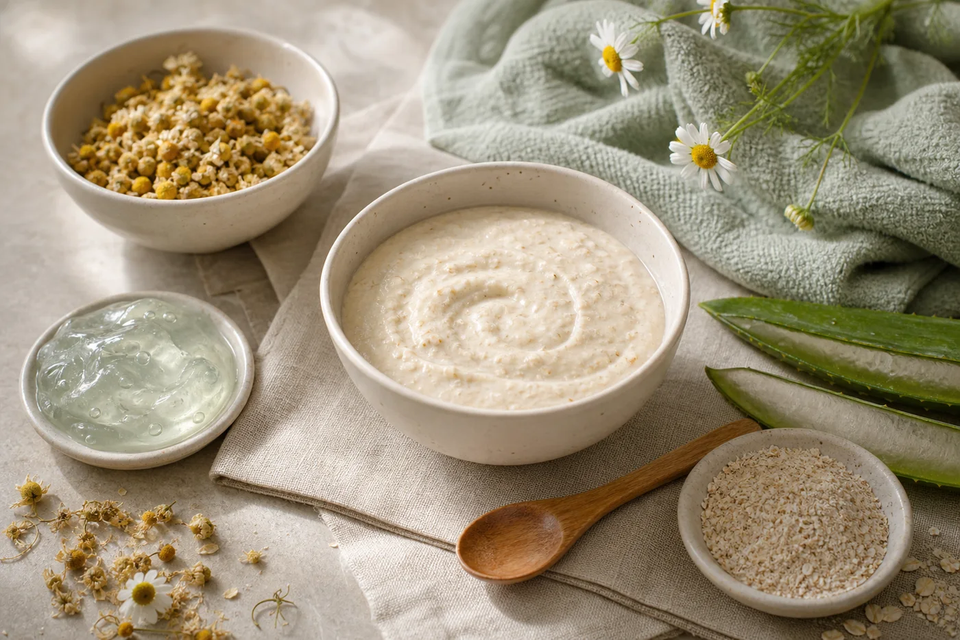 Chamomile flowers oats aloe gel and soft mask in ceramic bowls