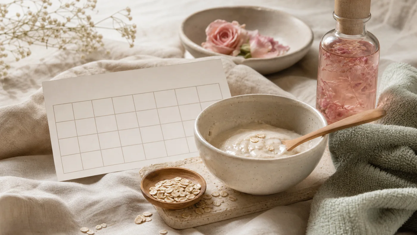 Gentle face mask timing still life with oat mask bowl and weekly calendar