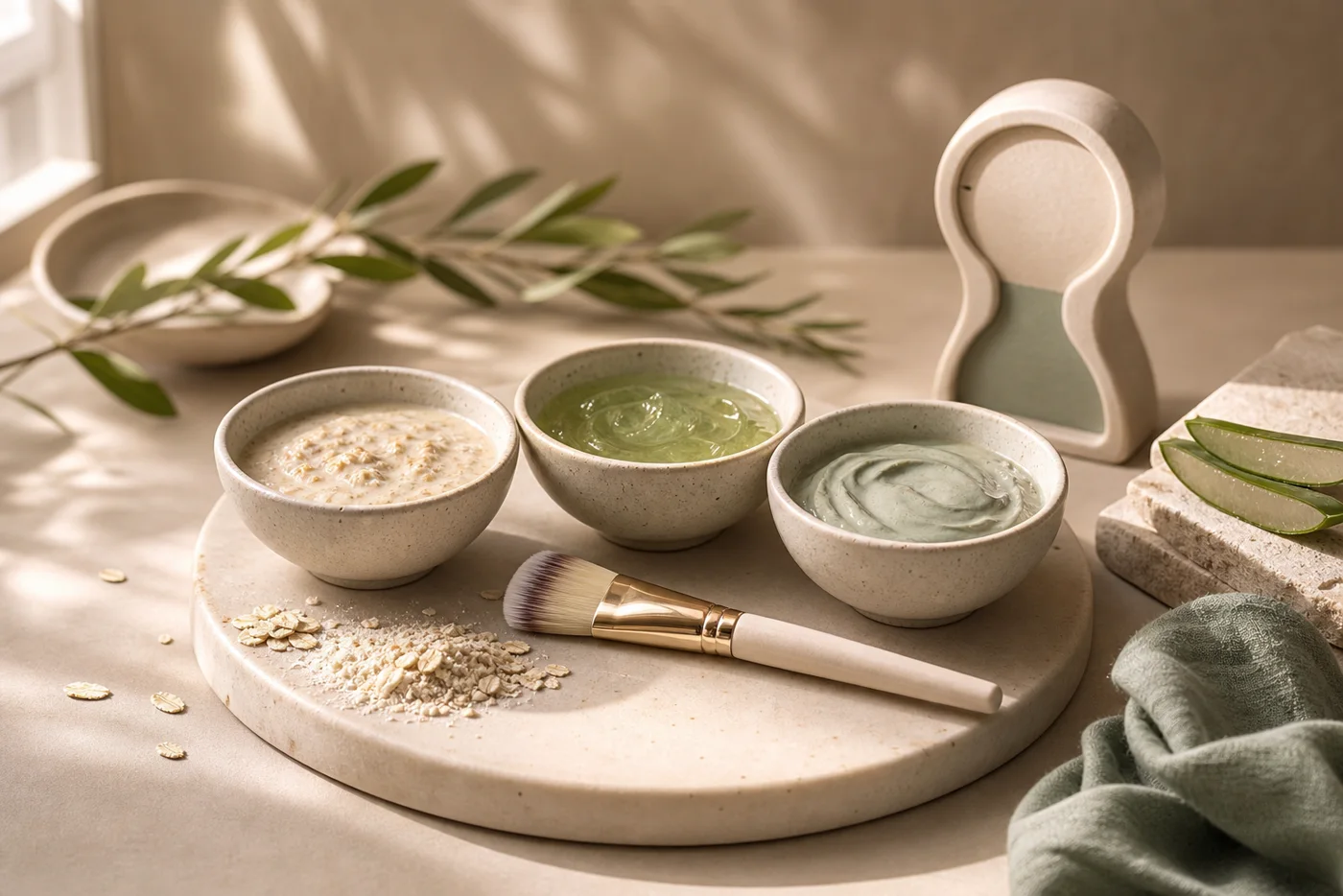 Three gentle face mask bowls with brush aloe and oats on beige stone