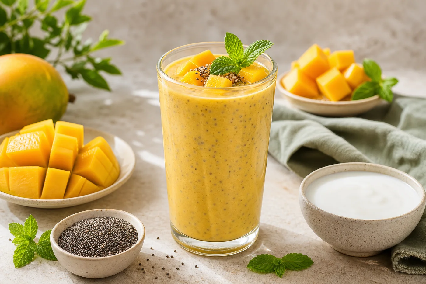 Mango kefir chia smoothie with mango cubes chia seeds and mint