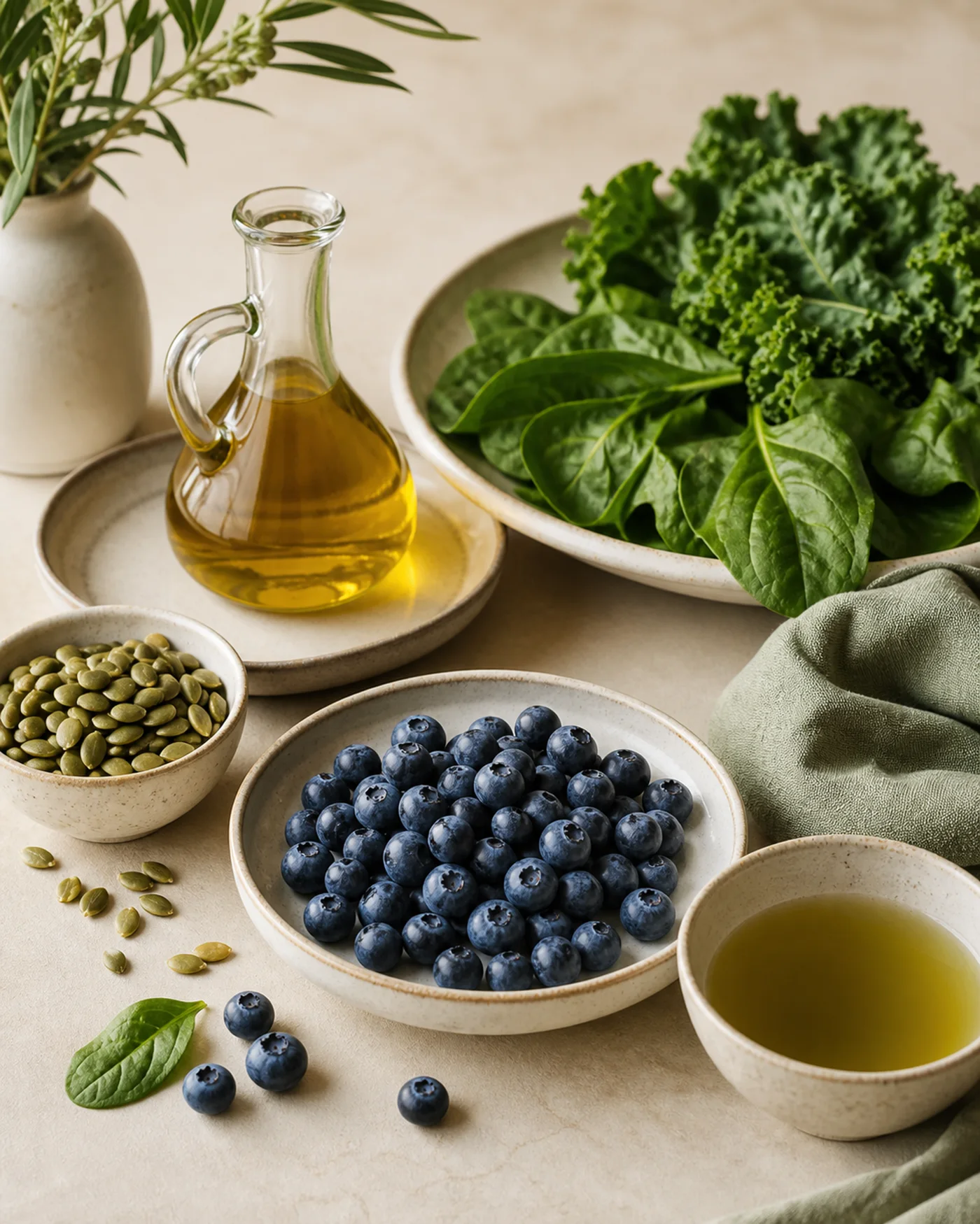 Antioxidant beauty foods with blueberries pumpkin seeds leafy greens olive oil and green tea