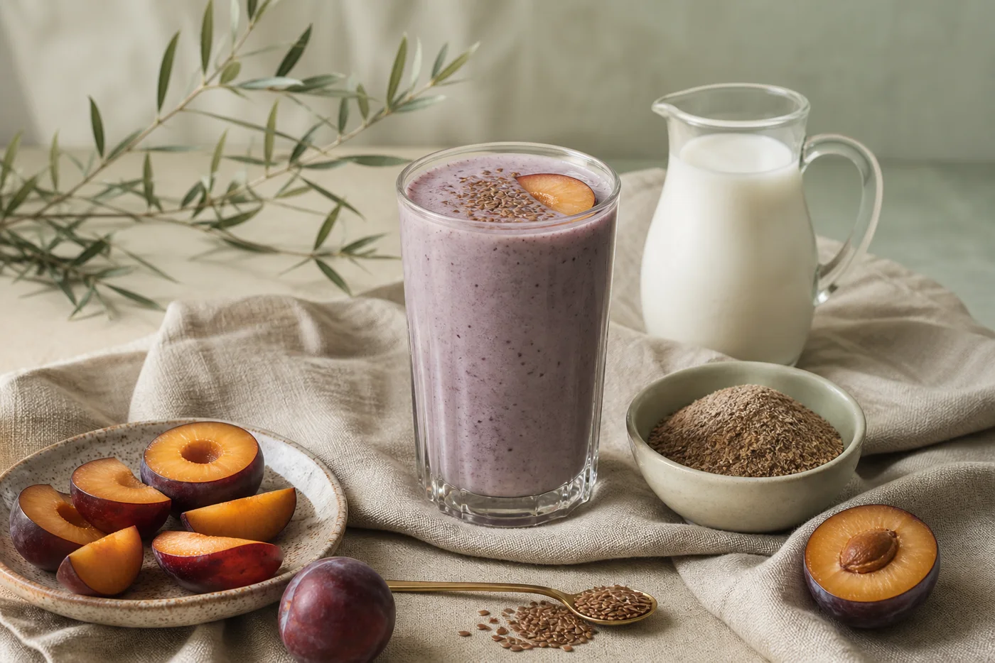 Plum kefir flax smoothie with sliced plums and ground flaxseed