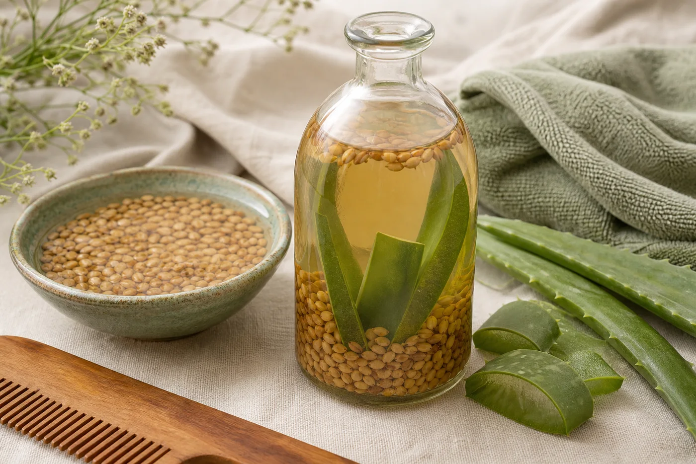 Fenugreek seed aloe hair rinse in glass bottle with wooden comb