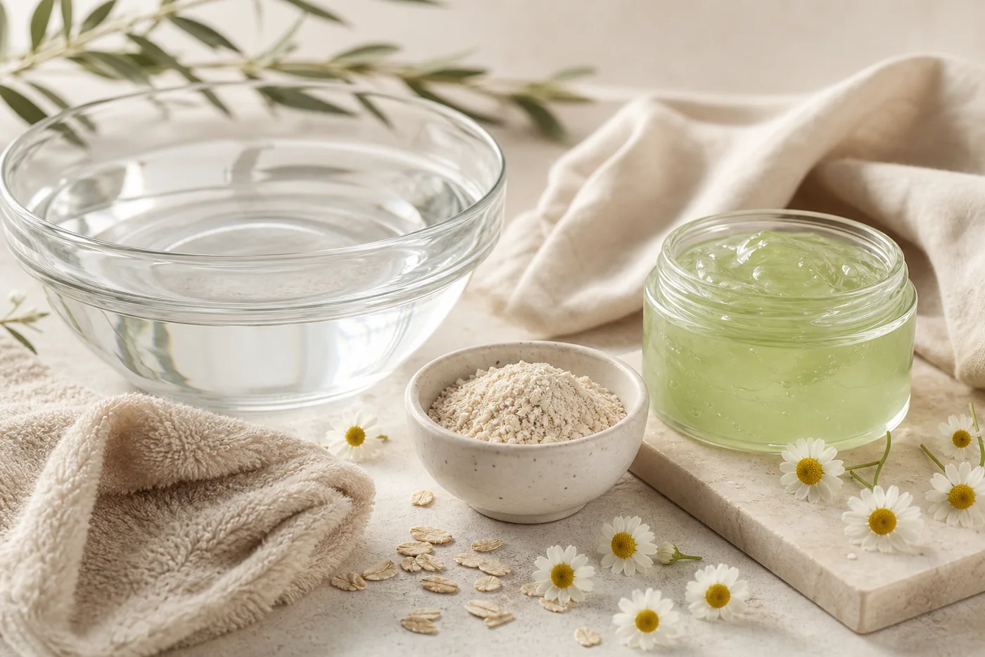 Lukewarm water bowl oat powder aloe gel and soft towel for gentle cleansing