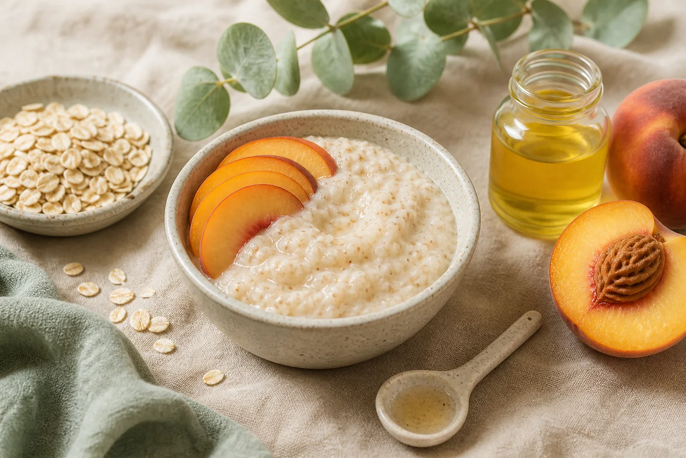 Peach oat yogurt body polish in ceramic bowl with jojoba oil