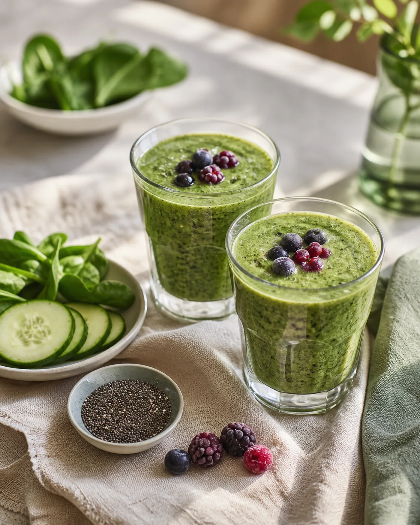 Low-sugar green berry smoothies with cucumber, chia and greens