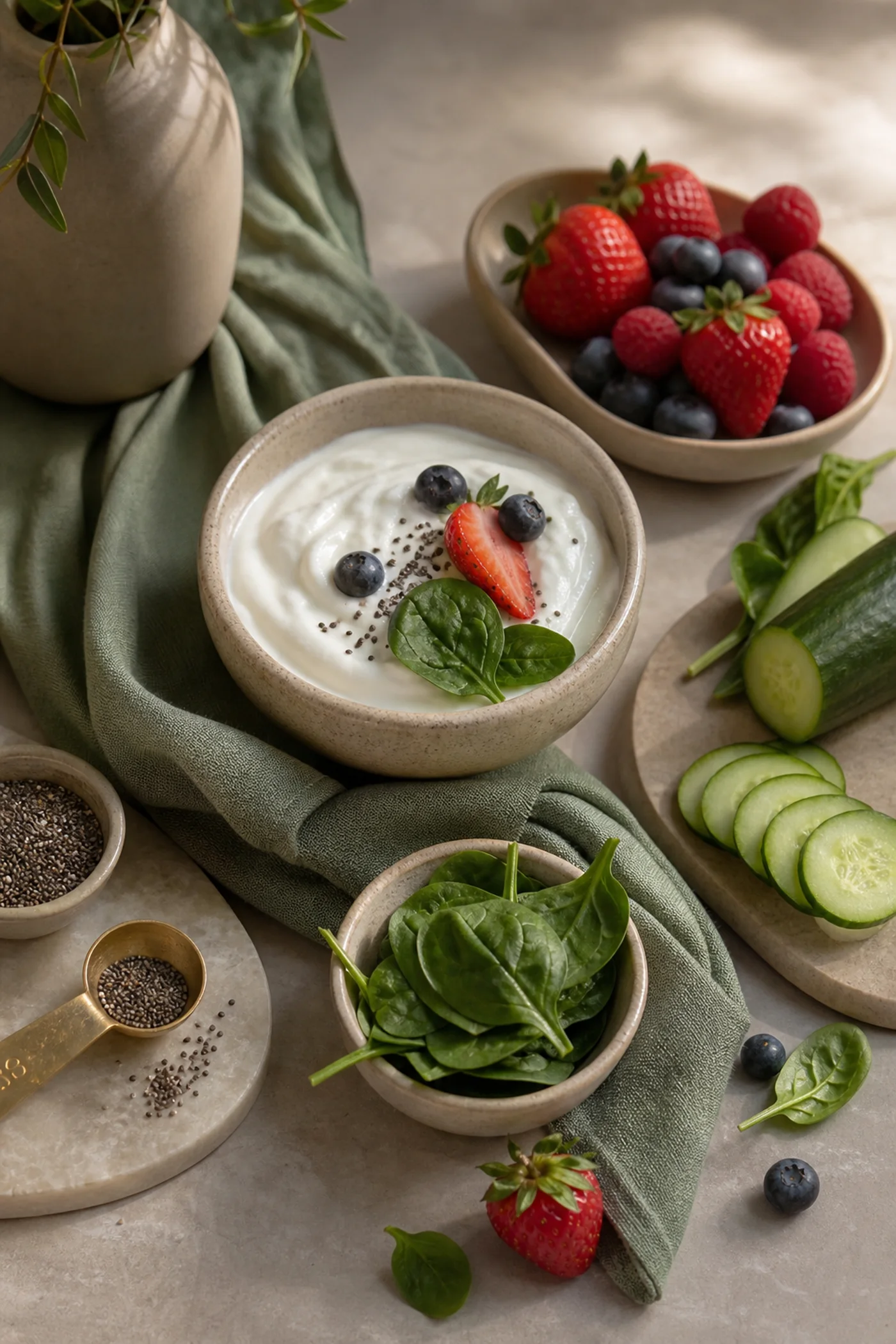 Low-sugar smoothie ingredients with berries, yogurt, spinach, cucumber and chia