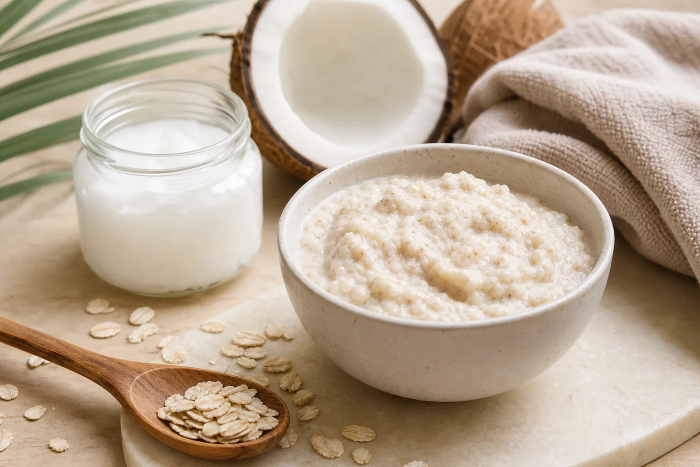 Coconut oat body polish in ceramic bowl with coconut oil and oats