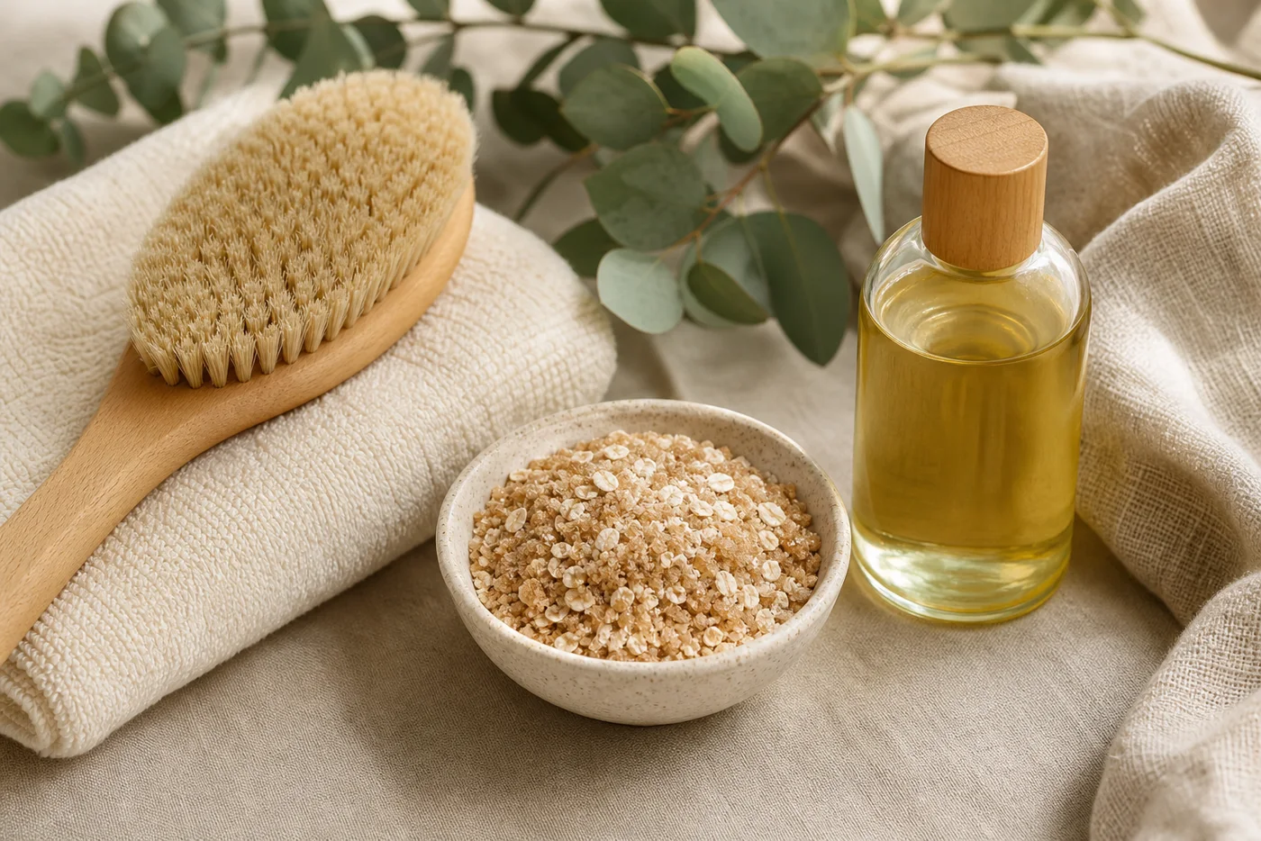 Body brush towel oat sugar and body oil still life