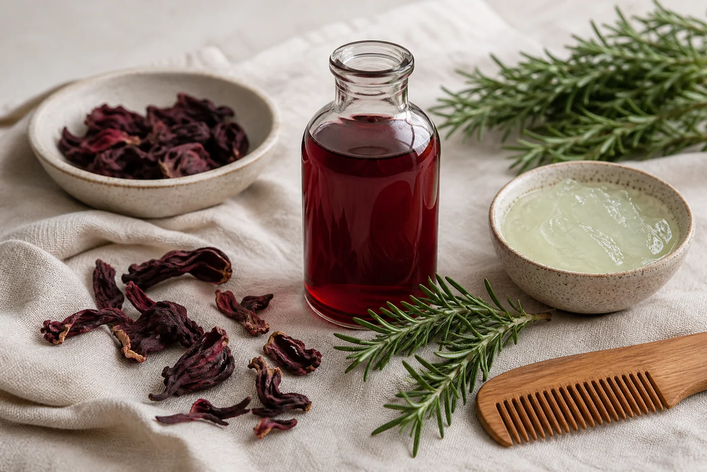 Hibiscus rosemary aloe hair rinse in glass bottle with wooden comb