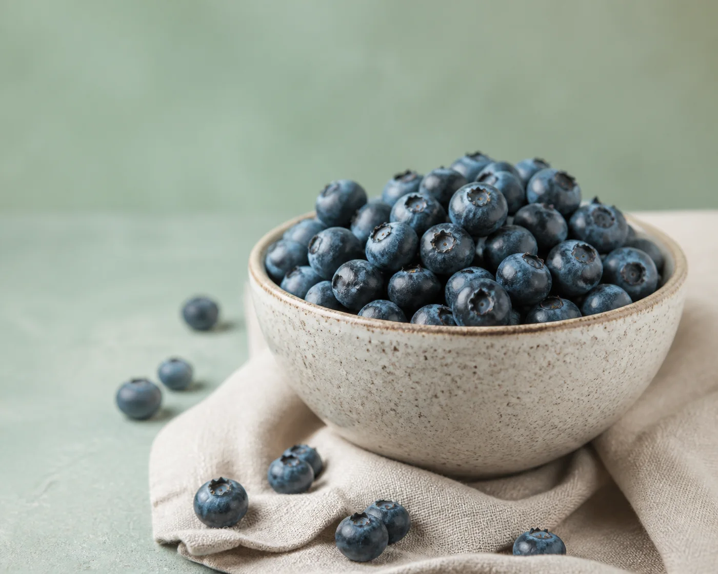Fresh blueberries in a ceramic bowl on beige linen