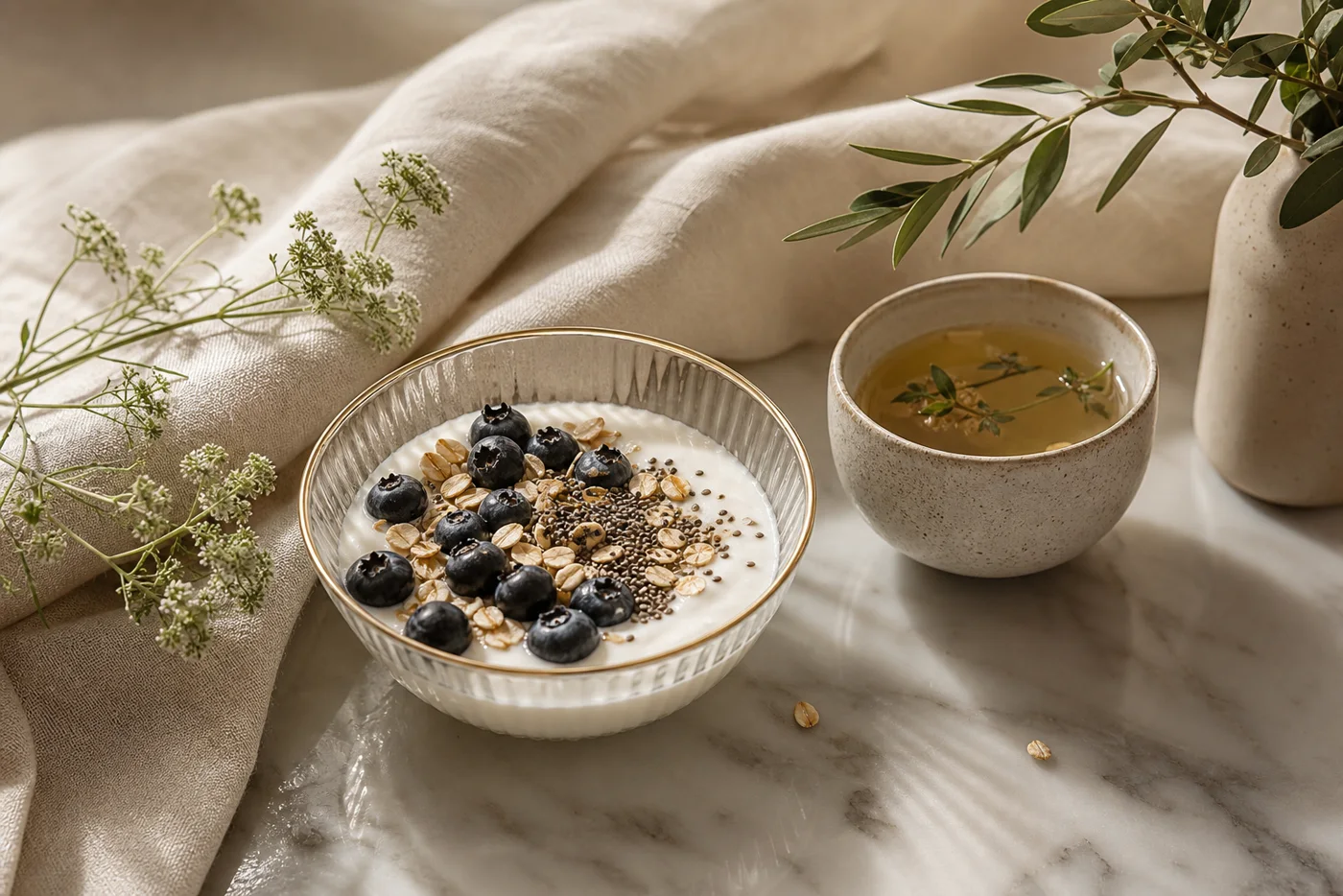 Yogurt bowl with blueberries oats and chia beside herbal tea