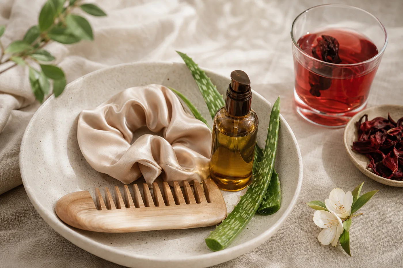 Wide-tooth comb satin scrunchie aloe and hair oil on linen