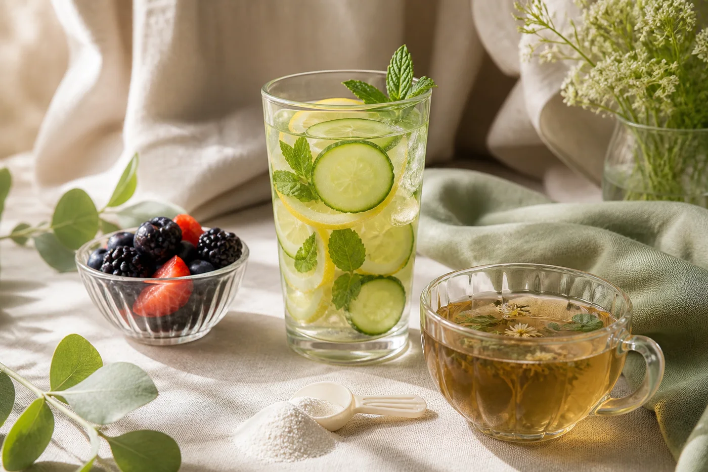 Cucumber mint water berries and tea on beige linen