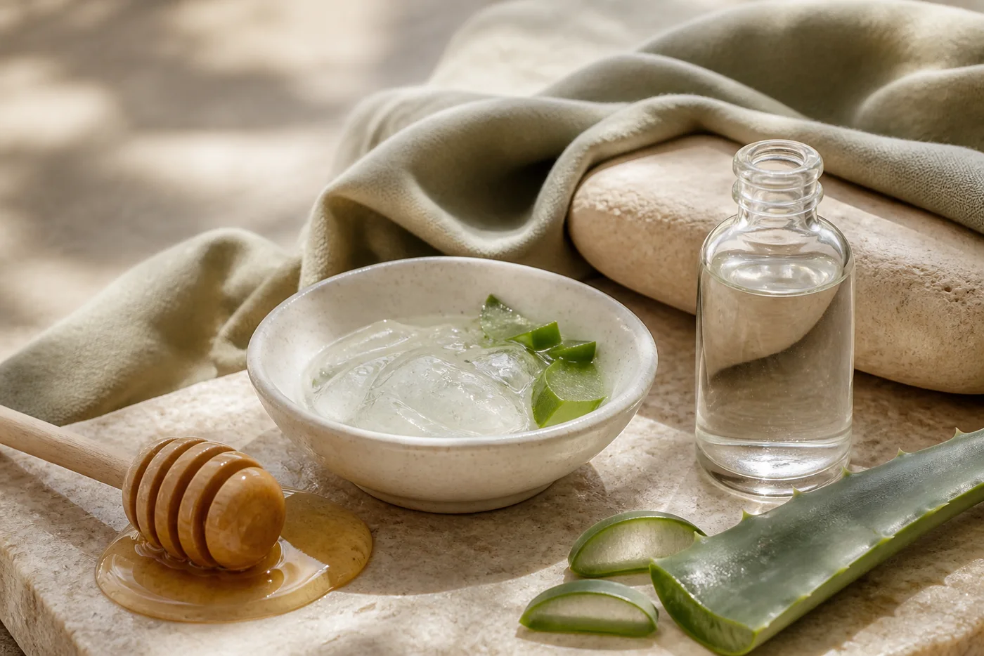 Body oil bottle with gentle sugar polish and towel