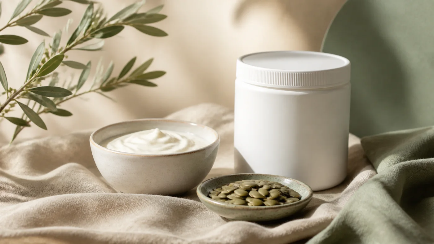 Greek yogurt pumpkin seeds and protein pantry still life