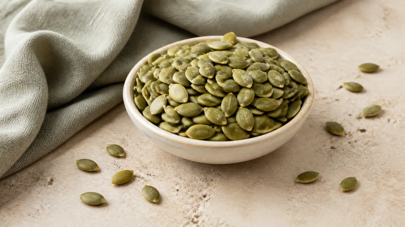 Pumpkin seeds in ceramic bowl