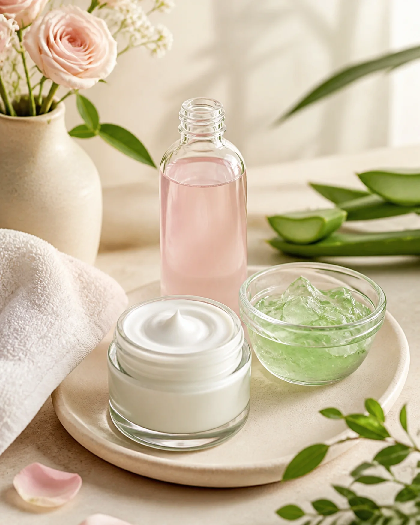 Lightweight summer moisturizer routine still life