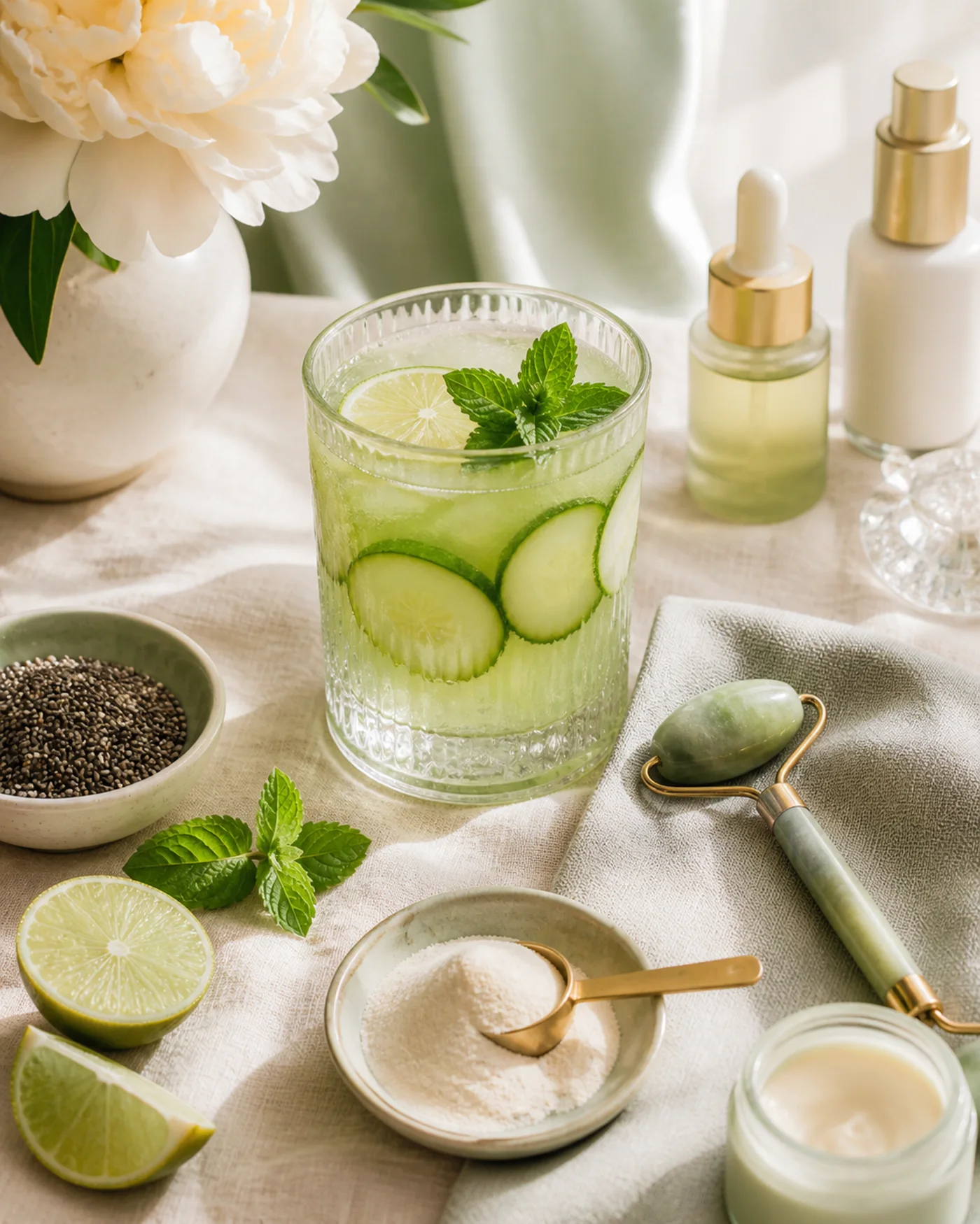 Morning beauty drink with cucumber mint chia and collagen