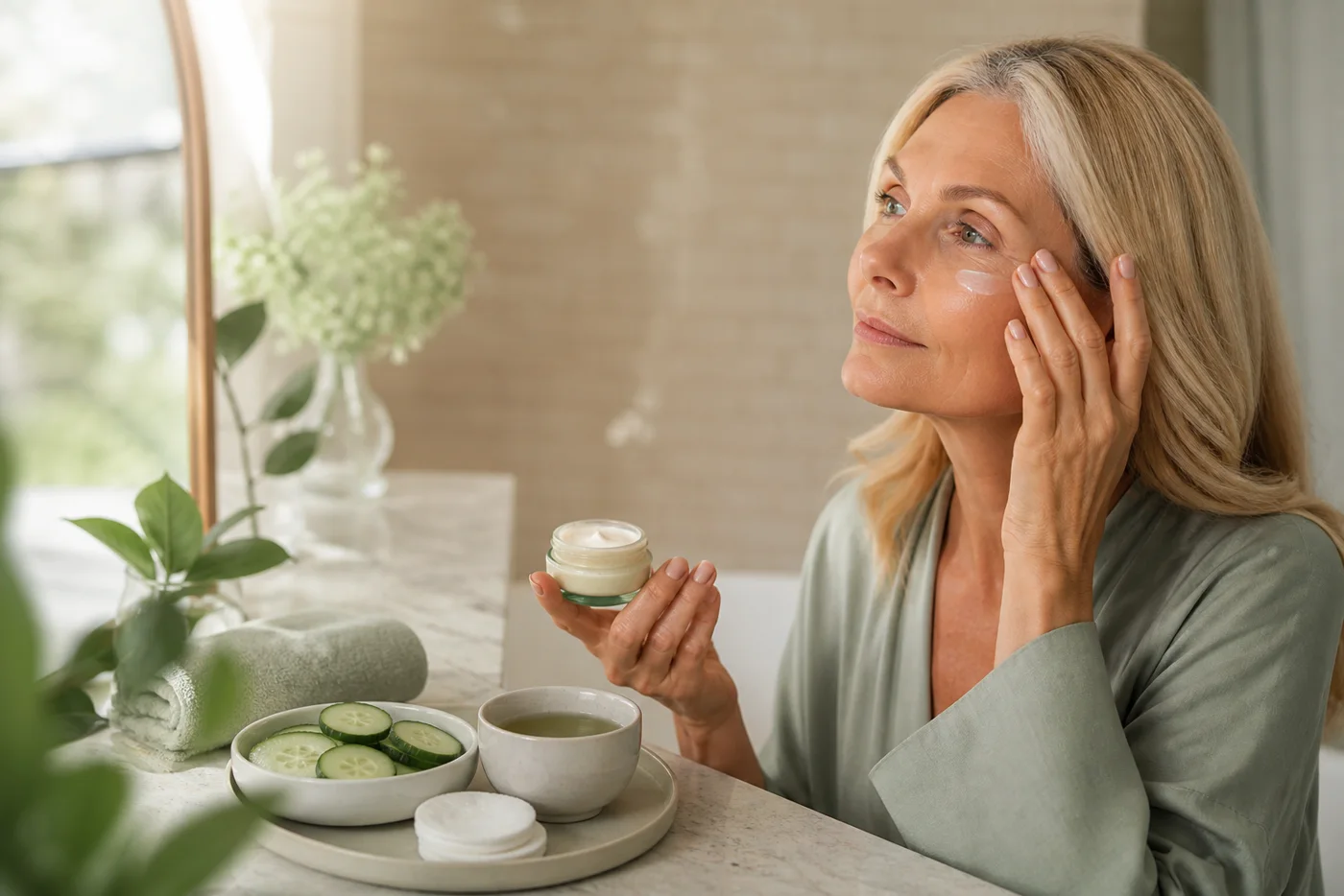 Woman after 40 applying eye cream in a soft summer skincare ritual