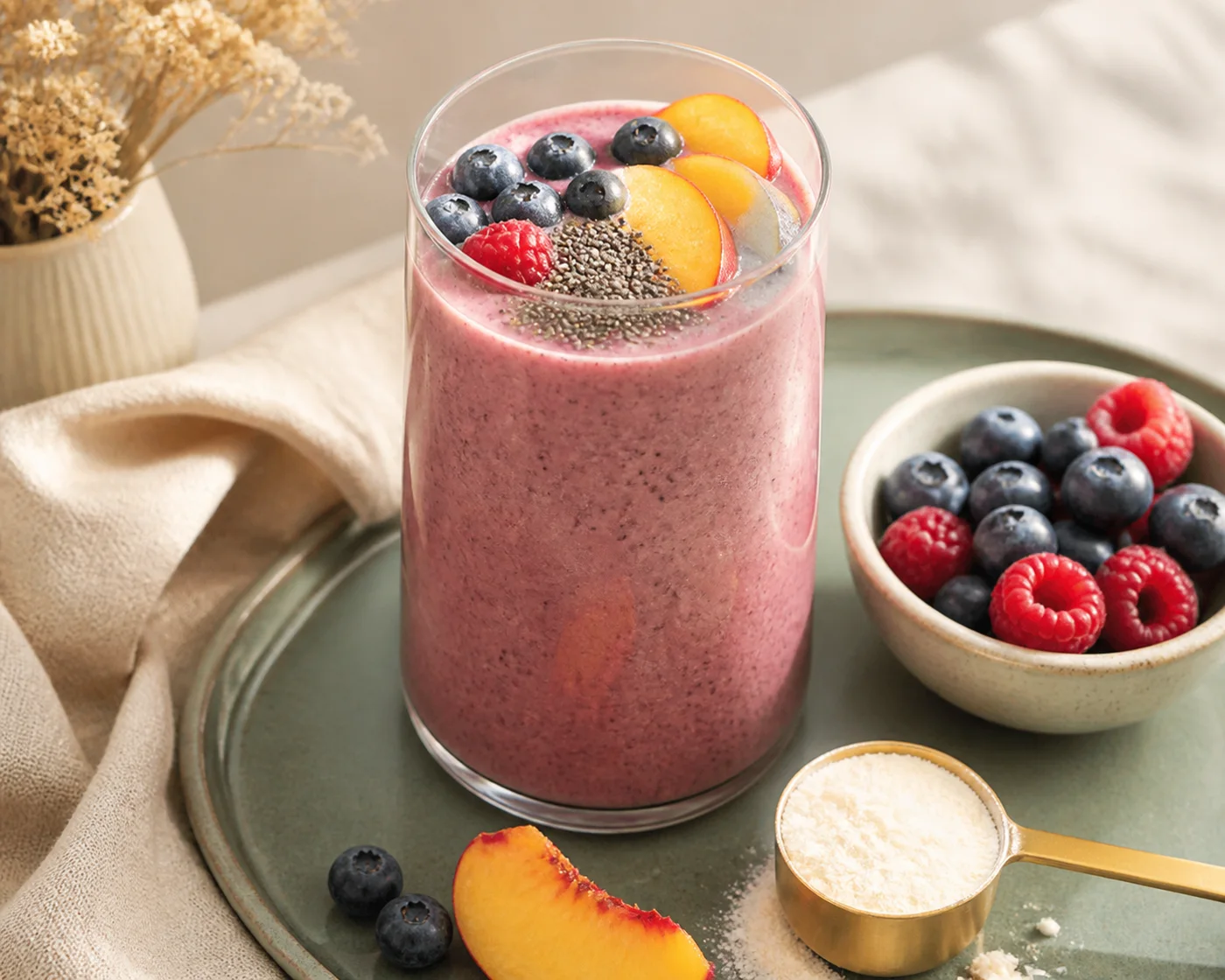 Berry peach collagen smoothie with chia