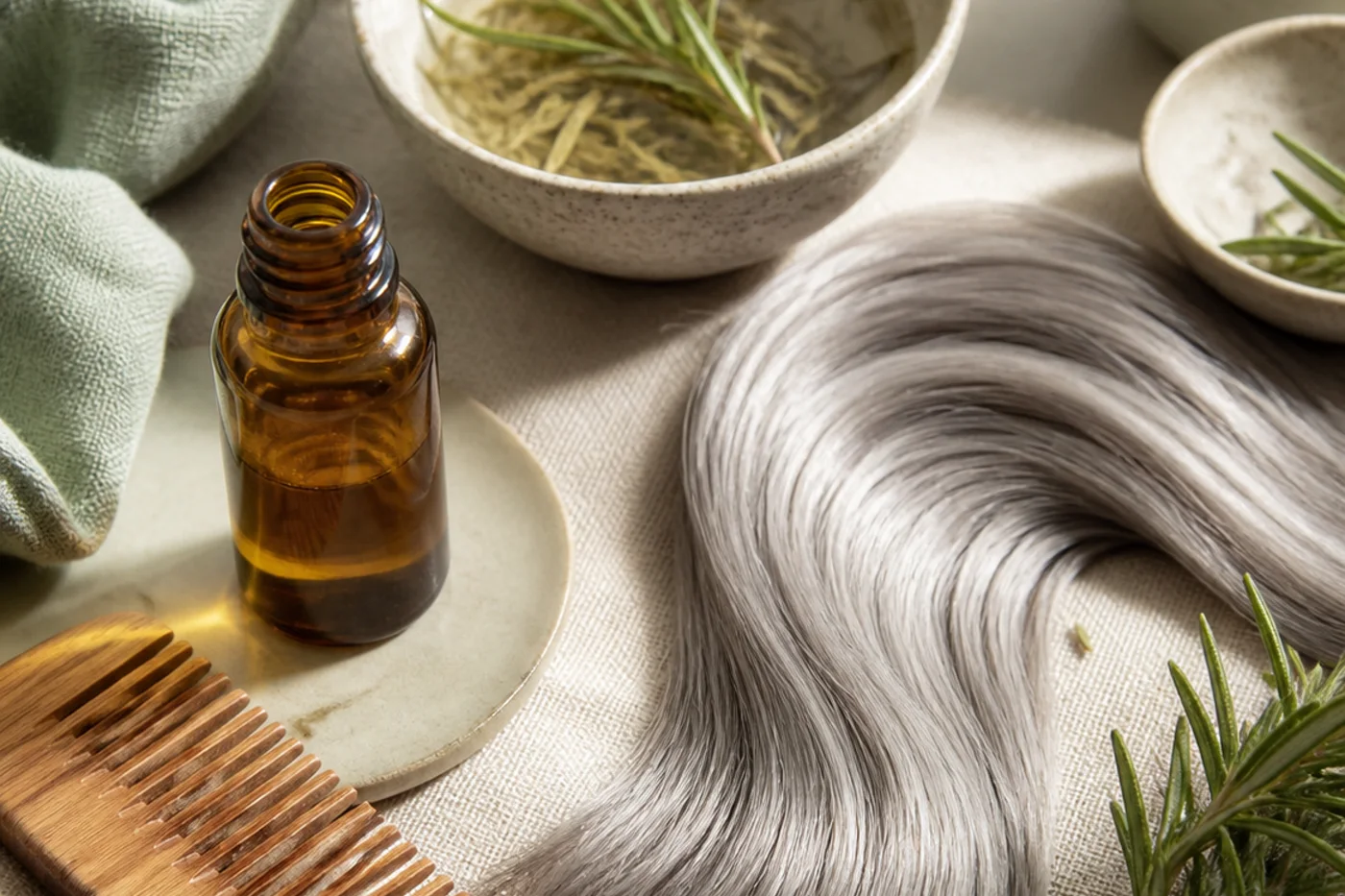 Gray hair care still life